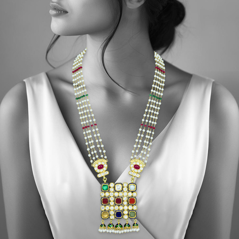 Pearl Necklace with Navratan Pendant and Ruby-Emerald Beads